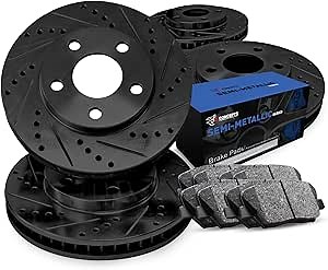 R1 Concepts Front and Rear Brake Kit For 2005-2021 Chrysler 300; 2009-2020 Dodge Challenger; 2006-2020 Dodge Charger| Drilled Slotted Brake Rotors| Semi Met Brake Pads and Rotors Kit