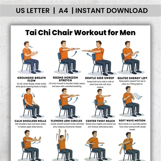 Tai Chi Chair Workout for Men Printable PDF, Seated Balance and Mobility Exercises for Men, Daily Home Fitness Plan for Men - Etsy