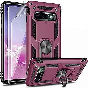 YmhxcY Galaxy S10 Plus Case with [2 PCS] 3D Curved Screen Protector, Magnetic Car Mount Ring Holder Stand Cover for Galaxy S10+ Plus-AA Wine Red