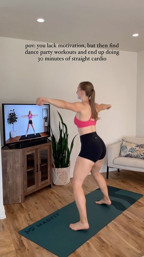 MADDIE | Workout Instructor on Instagram: "true story 💁🏼‍♀️I felt so low on motivation yesterday, so threw on a couple dance workouts and ended up sweating my booty off and doing 30 minutes of straight cardio! And guess what? IT WAS FUN! And I felt amazing afterwards! YouTube search: “MadFit dance party”… you won’t regret it💃 . . . . #fitness #danceworkout #workoutmotivation #weightloss #homeworkout"