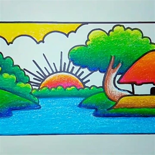 Beautiful sunset drawing easy #art #drawing #painting