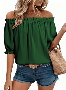 SHEWIN Off the Shoulder Tops for Women Casual Spring Blouses Summer Cute Ruffle Neck Dressy Pleated Puff Short Sleeve Shirts