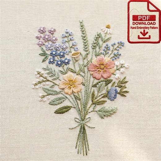 Wildflower Bouquet Embroidery Pattern, Beginner Floral Line Art (PDF Download) - Etsy