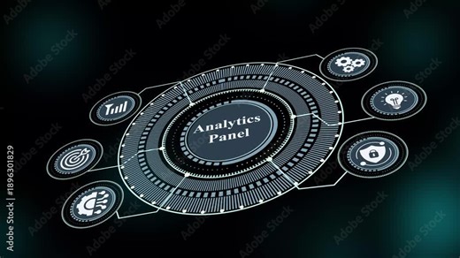 Analytics panel interface featuring circular data visualization, performance indicators, business metrics and modern digital technology dashboard.