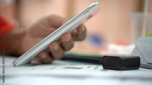 Close up person using a mobile phone, Businessman use smartphone checking report on startup analyzing in project statistics, Using mobile check document report presentation corporate working