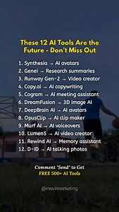 These 12 AI Tools Are the Future - Don’t Miss Out 1. Synthesia → AI avatars 2. Genei → Research summaries 3. Runway Gen-2 → Video creator 4. Copy.ai → AI copywriting 5. Cogram → AI meeting assistant 6. DreamFusion → 3D image AI 7. DeepBrain AI → AI avatars 8. OpusClip → AI clip maker 9. Murf AI → AI voiceovers 10. Lumen5 → AI video creator 11. Rewind AI → Memory assistant 12. D-ID → AI talking photos If You Want Your Social Media To Grow Like Mine and you're ready to invest in proper strategy an