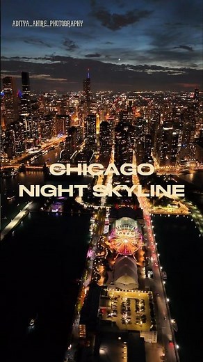 CHICAGO NIGHT SKYLINE VIEW FROM NAVY PIER | LAKE MICHIGAN | DOWNTOWN | RIVERWALK | 4K AERIAL DRONE