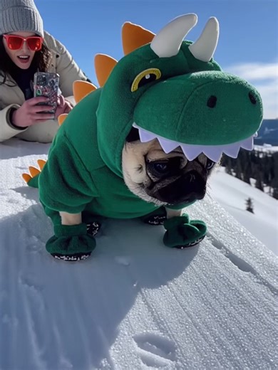 A pug dressed in a dinosaur costume#funnydogs #fyp #dogsoftiktok #dog #funnyvideos