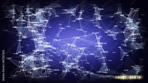 Data web structure with running numbers on a triangular grid, as motion background for technology networks, business charts, trading stocks, commercial reports or video graphs