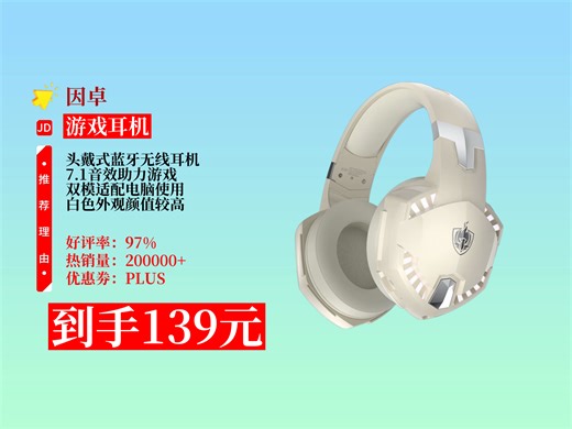 因卓G2000Pro头戴蓝牙无线电竞游戏耳机，7.1音效，双模适配电脑，白色外观。