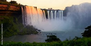 Breathtaking sunset illuminating the powerful Iguazu Falls, a majestic natural wonder showcasing the raw beauty of nature's power and tranquility.