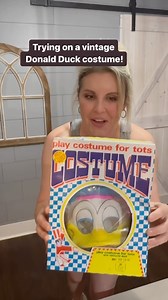 Who wore this Donald Duck costume for Halloween in 1974??? We found this vintage, Ben Cooper costume in an attic that we cleaned out. The owner didn’t want it, so they gave it to us! I was SO excited to try it on! That was, however, BEFORE we unboxed it. Ya see, I thought I might be able to squeeze into a child’s costume (I may or may not have done so before… cough cough). But this was TODDLER costume… So we did our best. It was still really fun to unbox this piece of nostalgia! Feel free to sha
