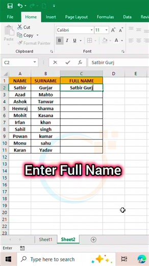 How to Merge Name and Surname in Excel #excel #shorts