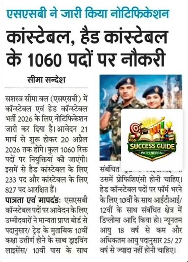 SSB Constable Recruitment 2026 🔥 1060 Posts | Apply Date, Age Limit, Full Details