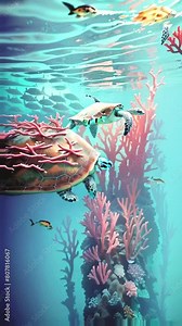 Sea turtle swims among corals and fish in the blue waters of the ocean, vertical video