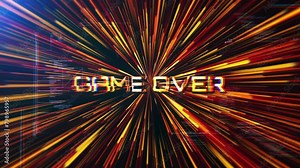 Game over golden shine light 3D text abstract sci fi word futuristic cinematic Hitech title background. Ending cover for end scence trailer