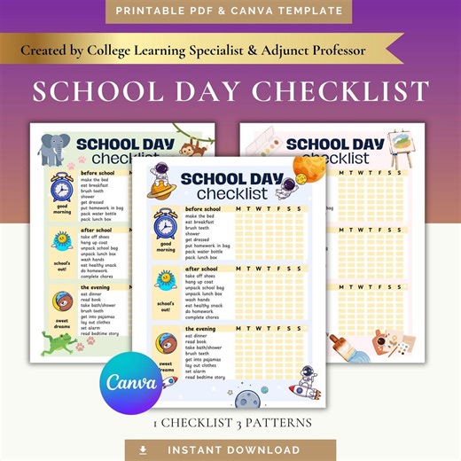 School Day Checklist Printable Kids Routine Chart Editable Canva Template Morning After School Schedule for Parents - Etsy