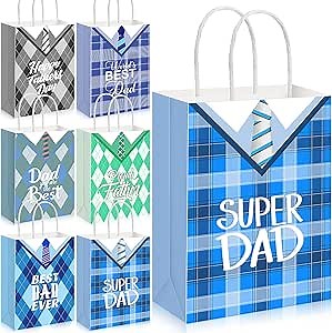 Affrolling Happy Father's Day Small Gift Bags, Blue Plaid Paper Favor Bags with Handles for Best Dad Grandpa Papa Stepdad Party Treat Candy Goodies(48 Pcs)