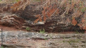 Pan shot of waterfront with pebbles and rocks in the region of Chaleur Bay in Gaspesie in Canada near sea for halt as coast