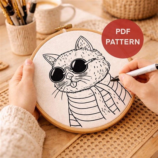 Cat Embroidery Pattern PDF – Sunglasses Cat Design for Pillow (digital Download) - Etsy
