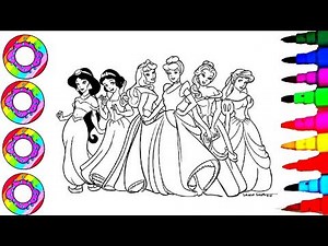 Disney's Princesses Jasmine, Belle, Ariel Aurora, Cinderella in Rainbow Dress Coloring Page