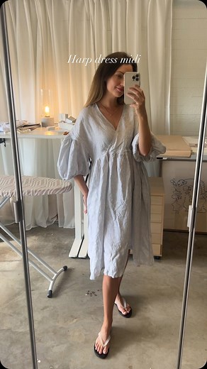 Harp dress midi 🤍 our best seller is back for pre order in beach stripe 100% linen (has pockets!) #marlowandmae | Marlow & Mae