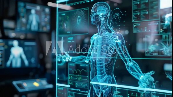 Computers with advanced medical studies of human anatomy in 3D on a screen with a blue holographic figure moving and graphic data. Futuristic medical technology in scientific laboratory for analytics