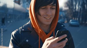 Handsome young man at sunny city street urban background. Guy in red hoodie using smartphone, sunset background.