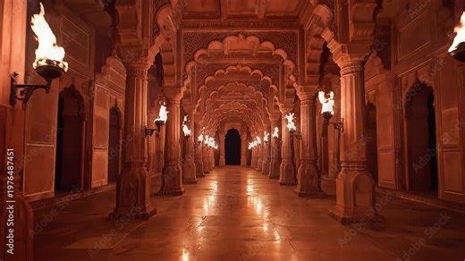 Majestic Maharana Pratap Palace Hallway with Burning Golden Fire Torches