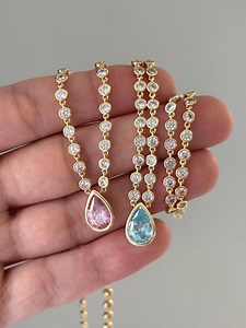 Pear Cut Pendant & Diamond Bezel Station Choker: Brass, 14K Gold Plated Stacking Necklace, Available in Pink and Blue - Etsy