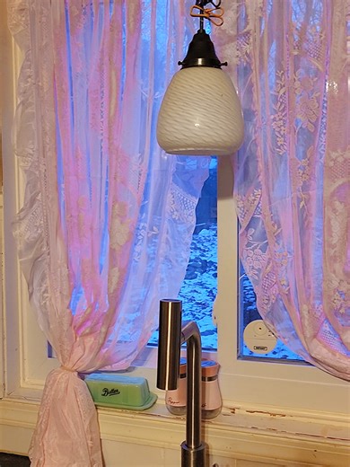 now i actually enjoy washing dishes. #vintagekitchen #lacecurtains #cottagecoreaesthetic #whimsicalhome #pinkkitchen