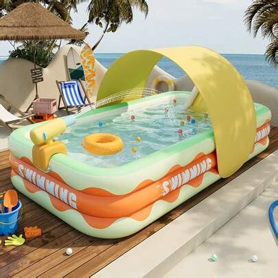 1pc Portable Foldable Inflatable Swimming Pool With "Swimming" Print, Wave Edge Design, Made Of Thick PVC Material, Easy To Store And Clean. Suitable For Backyard, Patio, Garden, Beach, Camping, Lawn And Other Outdoor Home Swimming, A Great Spot For Backyard Water Fun In Summer, Giant Inflatable Pool/Home Inflatable Pool/Backyard Inflatable Pool, Backyard, Home Water Party, Summer Fun, Home Yard, Summer Party, Parent-Child Interaction, Inflatable Bathtub, Soaking Tub, Foldable Bathtub, Insulated