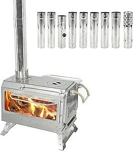 Tent Stove, Secondary Combustion Portable Wood Burning Stove with Side Glass, 430 Stainless Steel Camping Stoves for Winter Hunting Shelter and Outdoor Cooking, Chimney Pipes Included