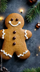 A gingerbread man cookie with white icing sits on a dark background, surrounded by festive evergreen branches and twinkling lights