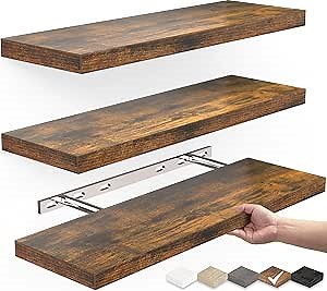 BAYKA Floating Wood Shelves - Wall Mounted for Bathroom,Bedroom,Living Room,Kitchen,Small Hanging Shelf for Books/Storage/Room Decor with 22lbs Capacity(Rustic Brown,Set of 3,15.7inch)