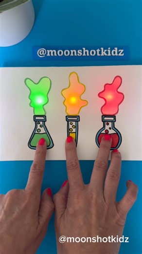 DIY electronics, stem and science activities for beginners on Instagram: "DIY “Chemical reaction” interactive light-up card. Easy and fun paper circuit project for beginners. You will need: - 3 Chibitronics launchpad LEDs - Chibitronics conductive fabric tape - Chibitronics launchpad battery 3V - Paper - Tracing paper - Markers Warning: this project should be done under adult supervision. ©️ @Moonshotkidz – All rights reserved. Reproduction, distribution, or use of this artwork and video without