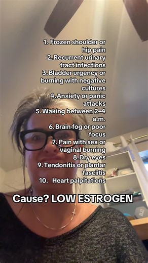 Liz Pevytoe | NurseLiz on Instagram: "Here are 10 sneaky symptoms of low estrogen that are commonly misattributed to aging, stress, or “just life”—but are very often hormonal 👇 1. Frozen shoulder / joint stiffness Estrogen helps control inflammation and maintain connective tissue. Low levels = stiff, painful joints and limited range of motion. 2. Recurrent urinary tract infections (UTIs) Estrogen maintains the health of the bladder and urethral tissue. When it drops, tissue thins and bacteria t