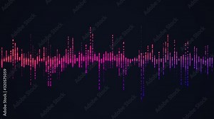 Bright colorful equalizer animation. Visualization of recording, playback of soundtrack, voice, music. 4K audio waveform background in purple colors. Technologic backdrop. Dynamic hanging sound tune