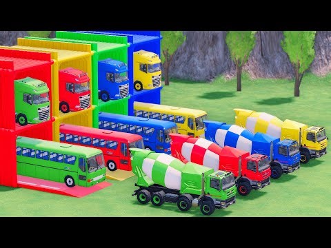 Trucks With COLORS - TATRA MIXER TRUCK and LIZARD BUS with DAF FLATBED TRAILER TRUCK