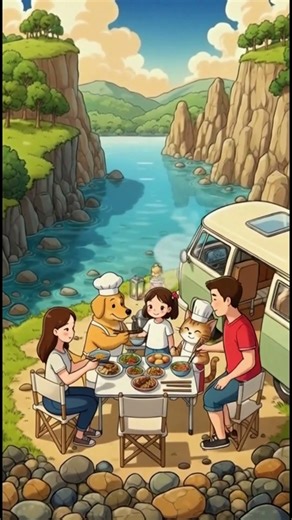 Cat & Golden's Magical Camping Moment 캠핑에서 만난 기적 #camping #cat #goldenretriever #whale #dog #애니메이션