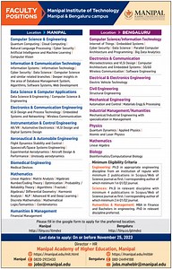 Manipal Academy of Higher Education, Manipal & Bengaluru Campus Wanted Professor/ Associate Professor/ Assistant Professor | FacultyPlus