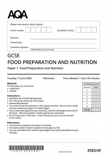 AQA GCSE Food PreparATIon And Nutrition Paper 1 2025