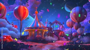Colorful candy circus castle palace with confetti flying rain. celebrate event background. Looping animation