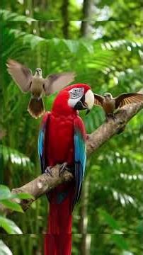 "Scarlet Macaw sharing food with tiny jungle friends 🦜✨