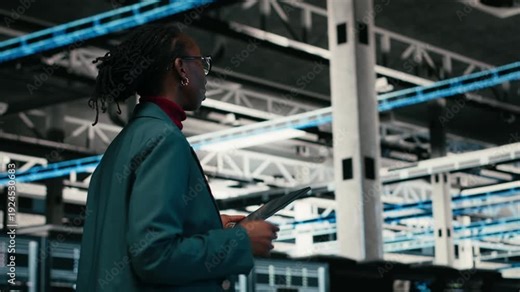 Writing code, tablet and female programmer walking in data center, compiling software patches. Running programming script, device application and African american woman in server hub, camera B