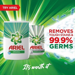 Ariel goes deep into the fabric to remove tough stains and 99.9% of germs. You can still join our challenge to protect your family from germs by ensuring that your laundry is clean. Join the #arielisworthit Challenge and win N50,000, N30,000 and N20,000 . 1. Buy an Ariel Bulk Pack (400g, 800g, and 2kg) from any store or Click the link in our bio to get a discount on Jumia or Konga using the unique code (ARIELNG) . 2. Use the challenge filter in uploading a selfie of you with your big size Ariel 
