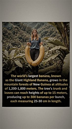 Did you know? The world’s largest banana, called the Giant Highland Banana, grows in the mountain forests of New Guinea 🌿 🔹 Grows at 1,200–1,800 meters altitude 🔹 Banana trees up to 15 meters tall 🔹 One bunch can have 300 bananas Nature never stops surprising us! | Science Facts 369