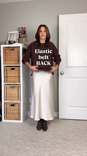 My fave sweater hack! No bulk and stays all day! Comment “link” for the dm with details. Elastic belt hack, tucking back, sweater tucking hack, how to tuck a sweater, skirt and sweater hack | CB Styled