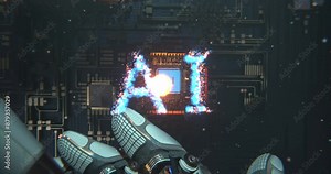 Robot replacing cpu micro chip with AI neural network based on computer circuitboard