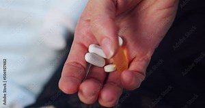 Woman hold pills into her hand, Taking medicine